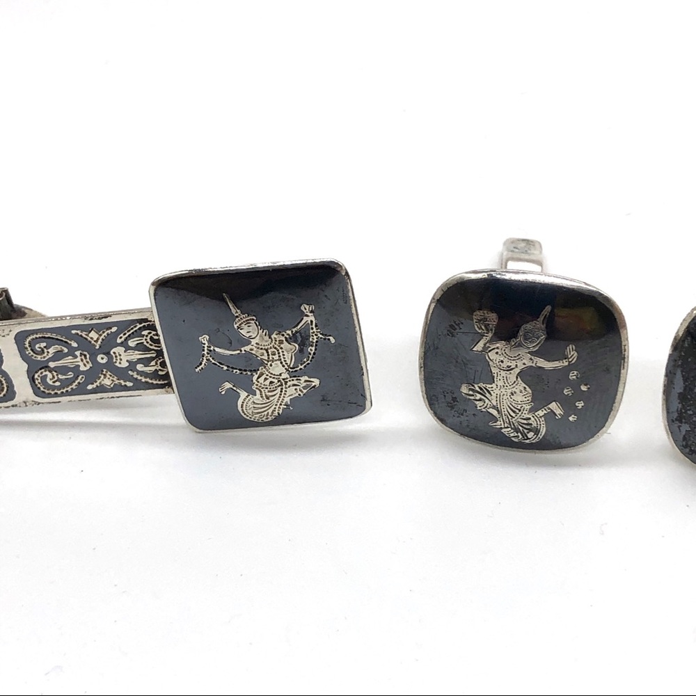 Vtg Siam 925 Sterling Silver Cuff Links Tie Clip Set